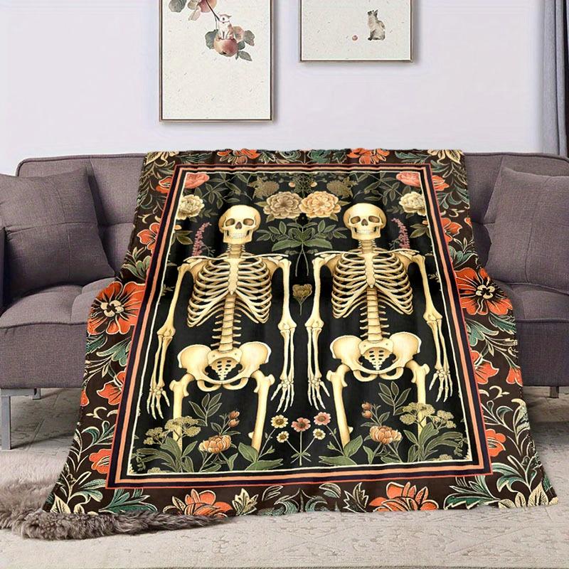 Gothic Romance: Halloween Skeleton Couple Blanket - Soft, Warm Flannel with Vibrant Floral Design, Tear-Resistant, All-Season Co