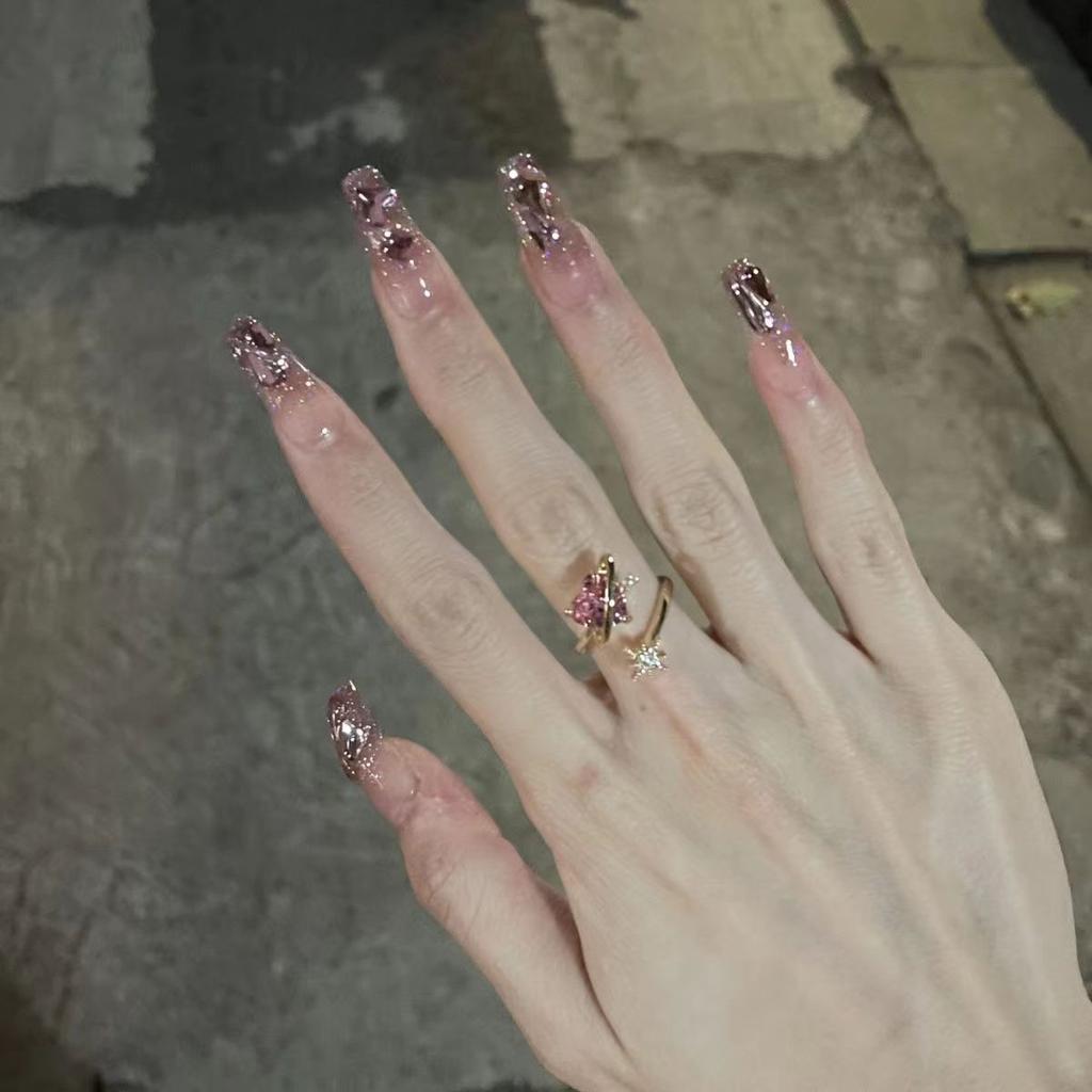 10pcs/set Hand-made Wearable Nails Flashing Aurora Pink Diamonds Manicure False Nails Removable Finished Product Phototherapy Nails