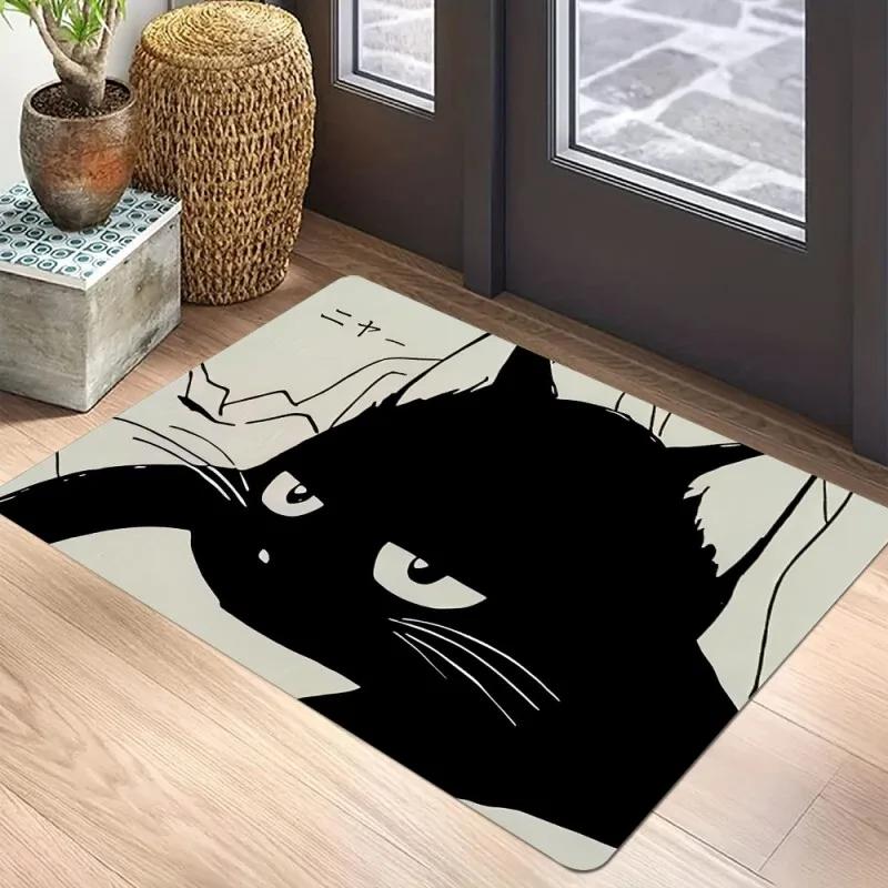 Black Cat Door Mat Non-Slip Entrance Way Mats Welcome Mats Rugs Washable Carpet Home Decoration For Indoor Outdoor