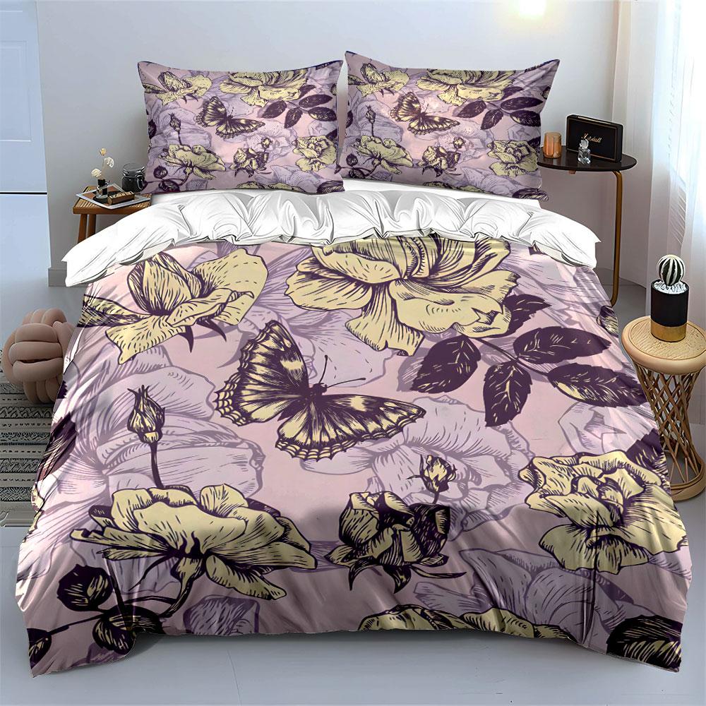 Elegant illustration of butterfly and roses Bedding Set for Kids Luxury Gift 3pcs Digital Print Comforter Set Soft Comfortable