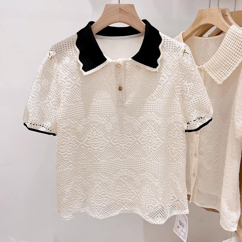 Camicetta in Pizzo Traforato Retro Chic Francese per l'Estate da Donna Nuova alla Moda e Stilosa