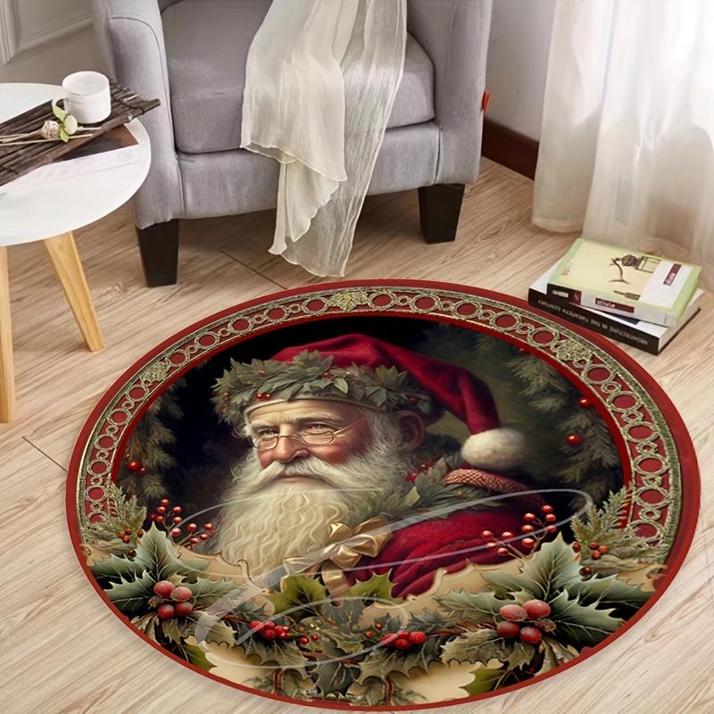 Premium Flannel Christmas Santa Claus Round Rug, Non-Slip and Machine Washable Floor Mat for Living Room, Bedroom  Home Decor