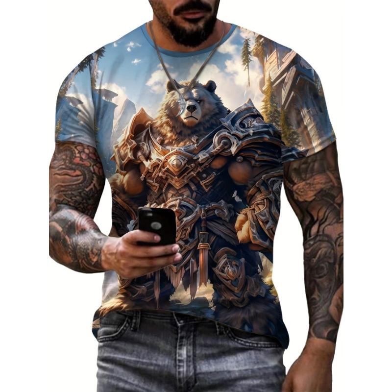 Men S Summer Fashion Crew Neck Short-Sleeve T-Shirt, Artistic Fashion, Warrior Bear 3D Print, S