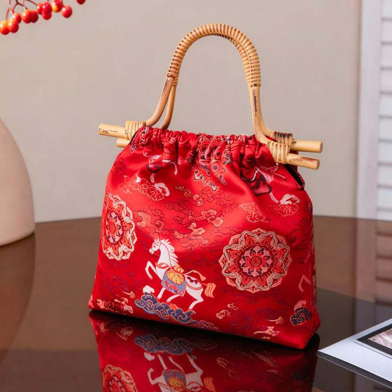 New Chinese Style Chinese Style Handbag, Women's Satin Jacquard Casual Vacation Style, Retro Bamboo Knot Hand-held Cheongsam Bag