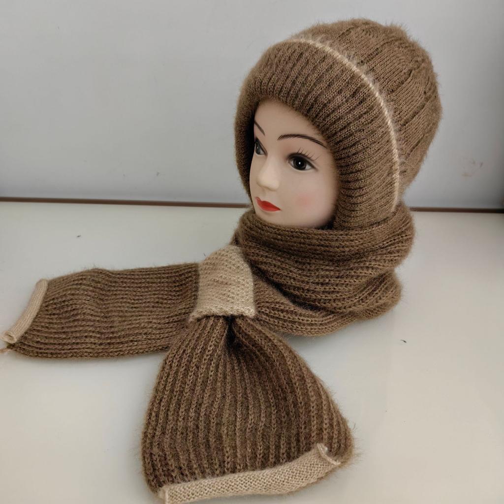 Hat Women's Autumn and Winter New Thickened Plus Plush Woolen Hat Scarf Integrated Bow Style Warm Men's and Women's Hat