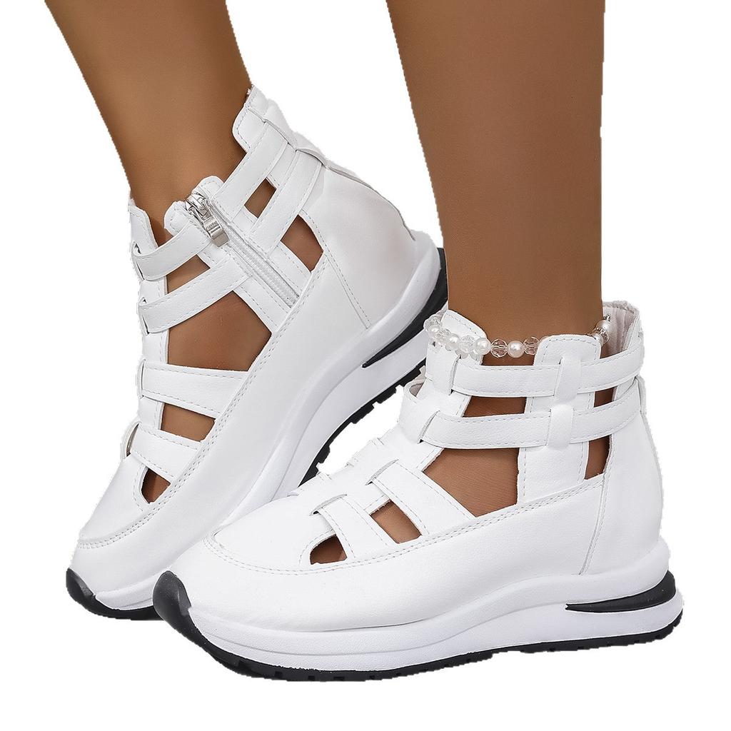 Foreign trade large size thick sole heightened wide strip hollow sandals 2025 summer new round head casual women's shoes