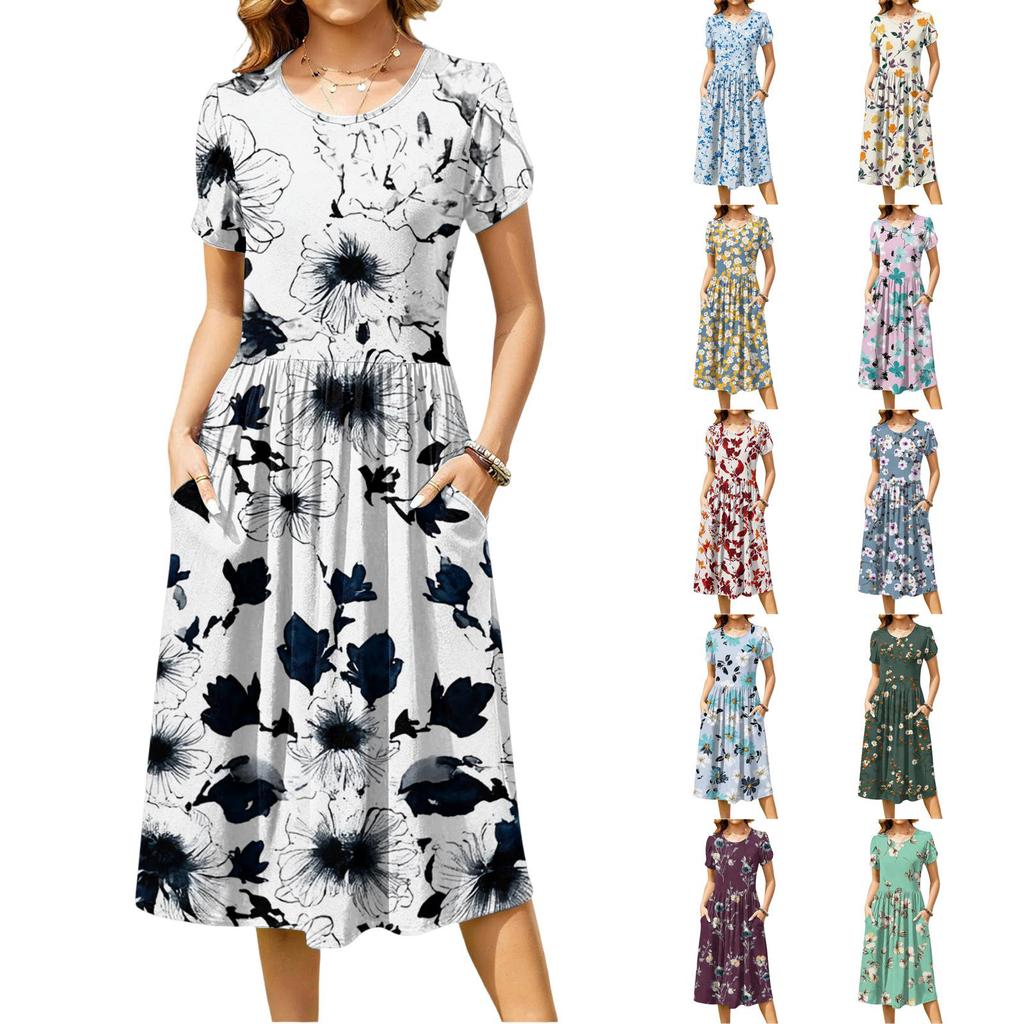 Women's Fashion Casual Loose Floral Print Round Neck Pocket Short Sleeve Dress