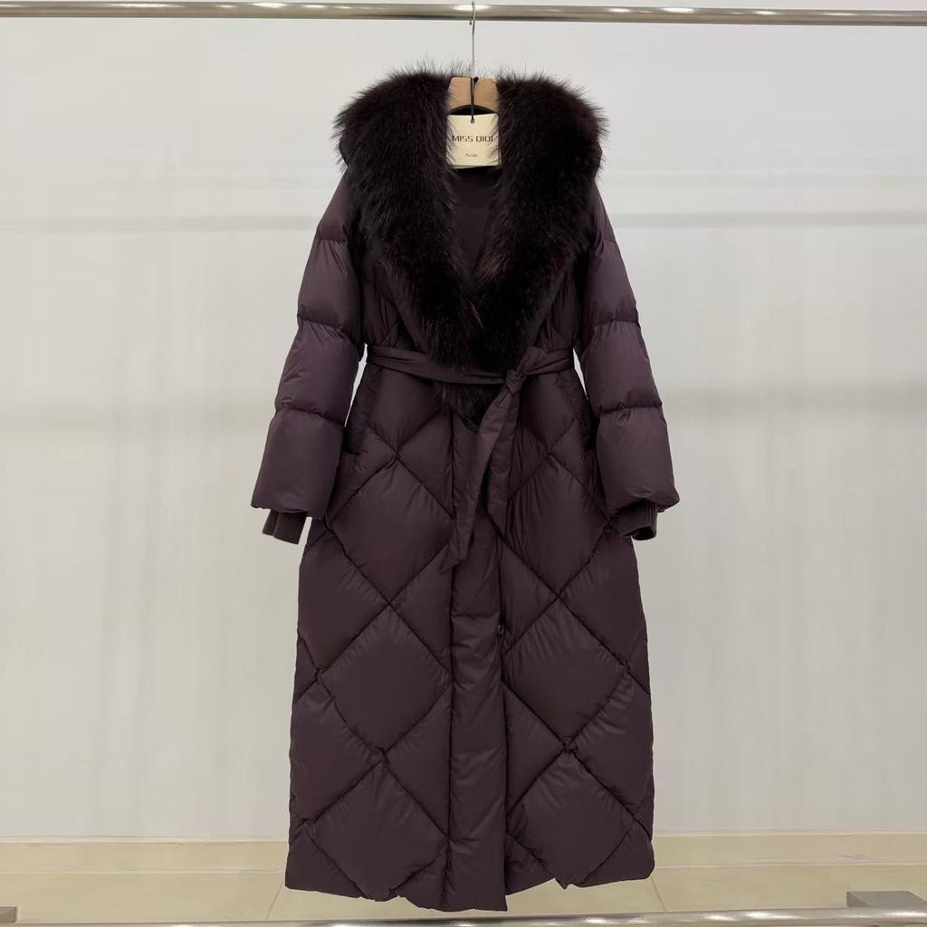 European winter new raccoon fur collar long down jacket women's knee waist thickened warm and thin jacket