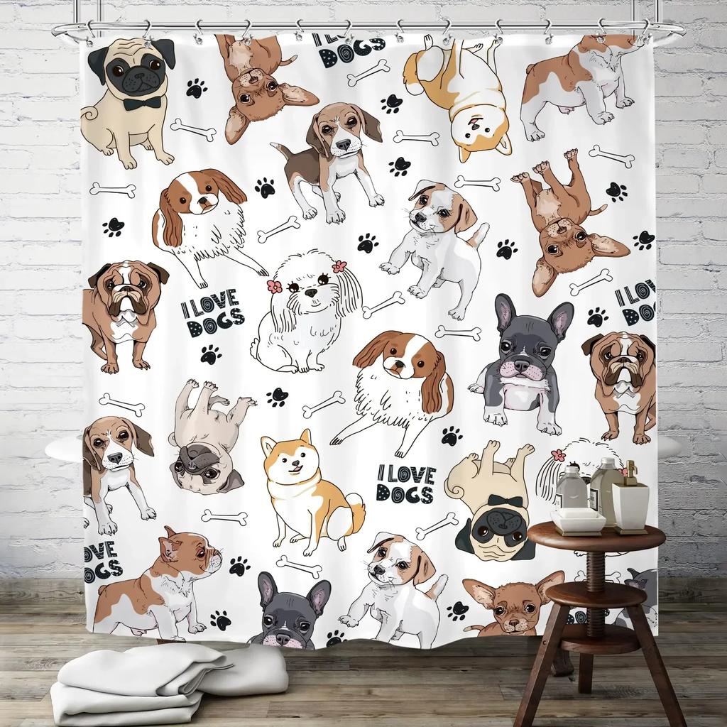 Cats and Dogs Shower Curtain Raining Cartoon Corgi Cute Animal Hilarious Pet Playing Water Polyester Waterproof Bathroom Curtain