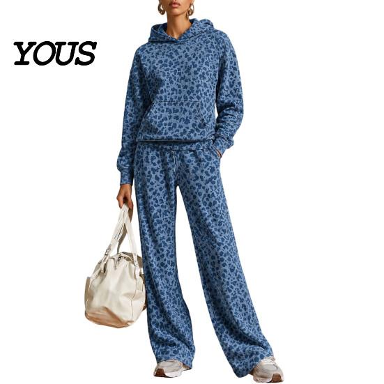 Damskie casualowe zestawy dopasowane Bluza z kapturem i spodnie w panterkę, Bluza z kapturem i kieszenią kangurką, Stroje szerokie nogawki luźne dwuczęściowe zestawy do salonu na jesień