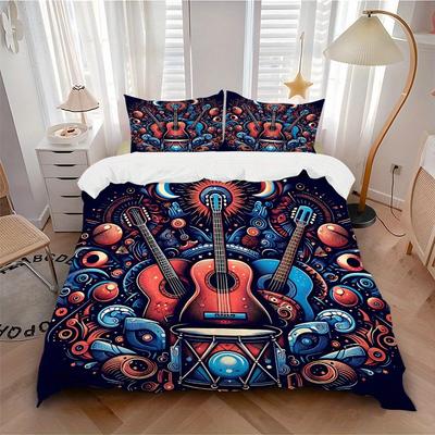 3pcs Guitar Dreams Bedding Cover Set, Fashion Classic Popular Print Bedding Set, Soft Comfortable, All - Season Use, For Bedroom125
