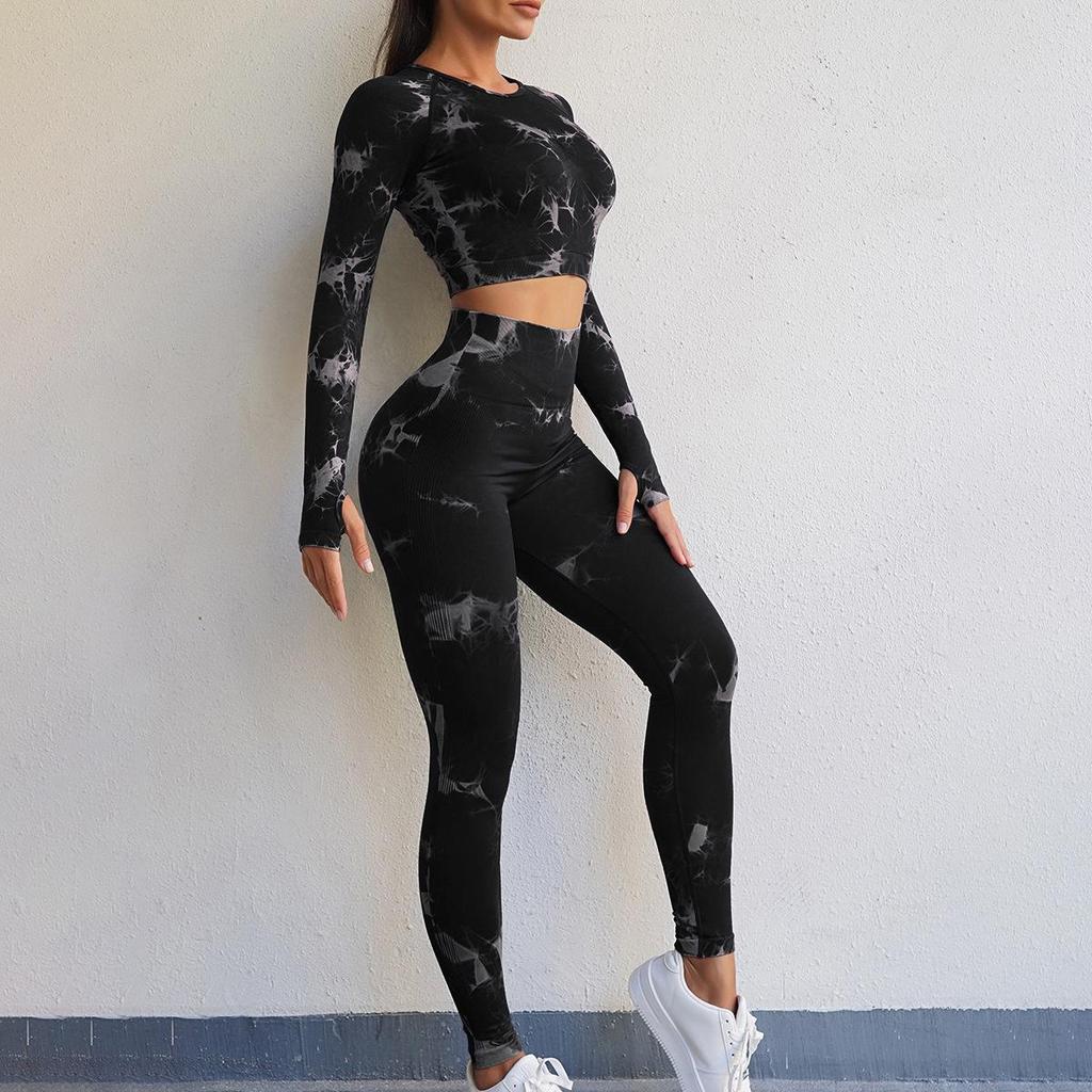 Women's Seamless Tie-Dye Yoga Set: High-Waist Tummy Control Pants & Long Sleeve Top