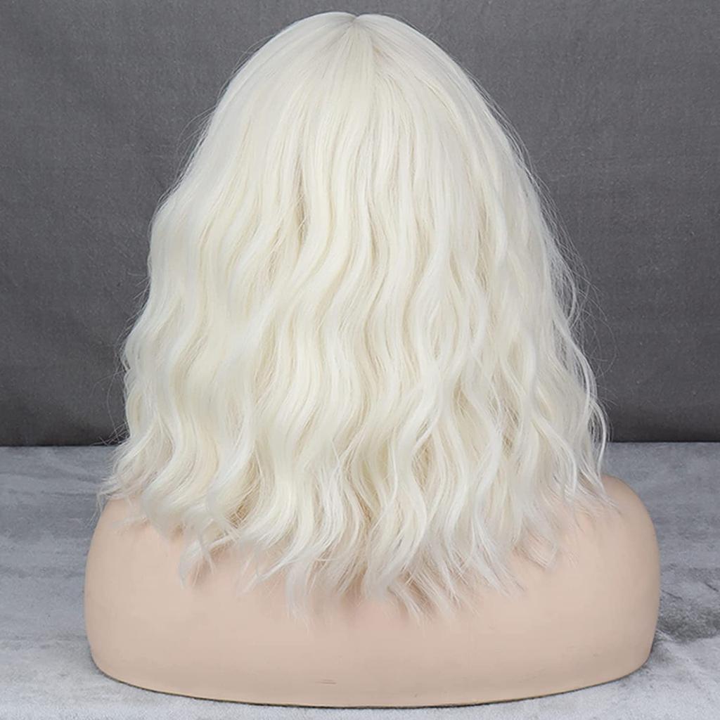 MISSQUEEN Kurze platinblonde Perücken, weißblonde, gewellte Perücke mit Pony, synthetische, mittellange, gewellte Bob-Perücke für den täglichen Gebrauch