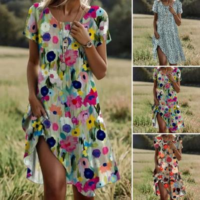Women's Summer Floral Dress Casual Short Sleeve Crew Neck Midi Dress Boho Beach Vacation Loose Sundress