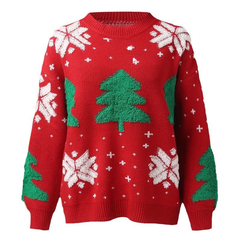 2025 Women's Embroidered Christmas Sweater - European & American Style Crew Neck Pullover with Snowflake and Tree Design