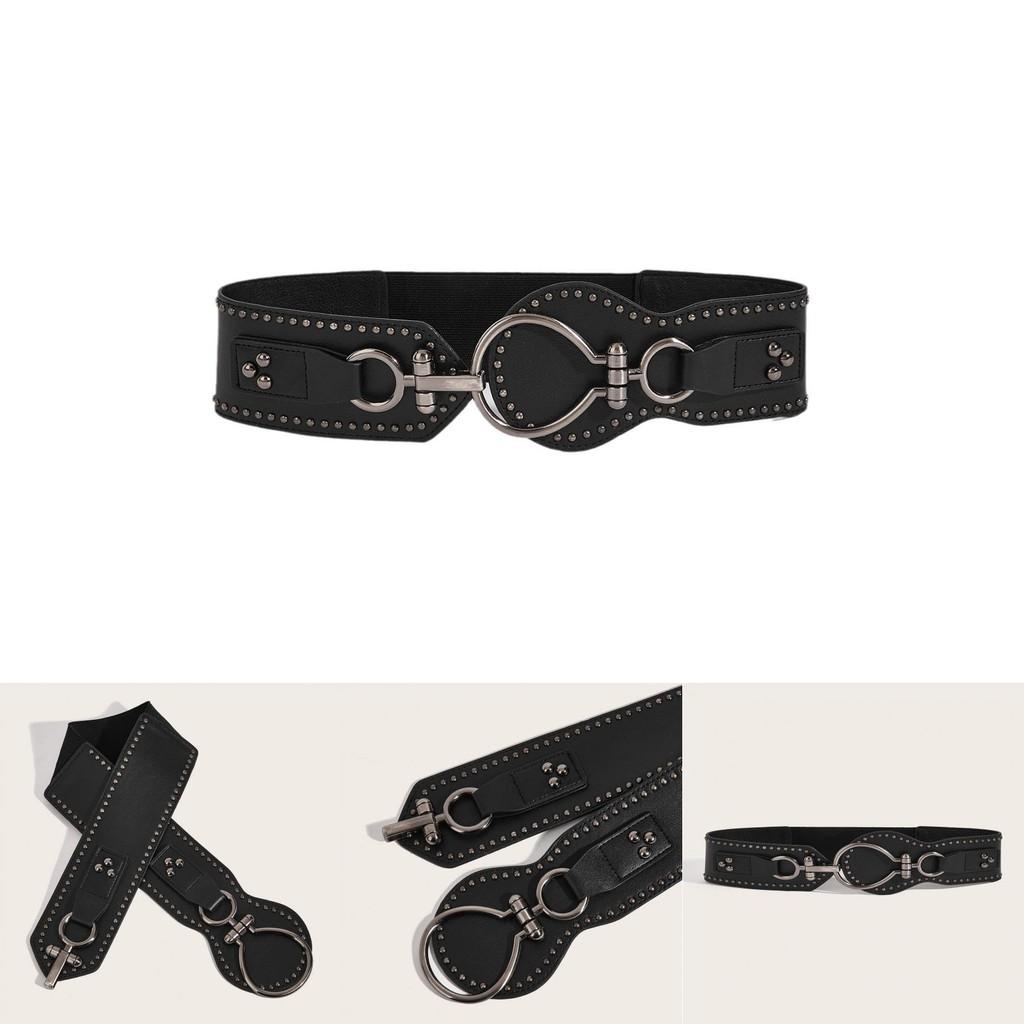 Fashion Solid Color Large Circular Buckle And Rivet Design Wide Waistband For Women