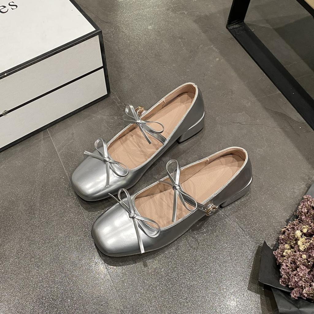 Light Mouth Square Head Small Leather Shoes One Word Thick Heel Single Shoes Bow 2025 Mary Jane Shoes Women'S Silver Spring New Models