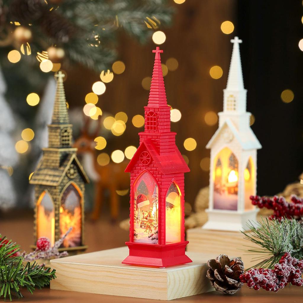 Cross-border Christmas Lantern: Church-Shaped Night Light with Electronic Candle