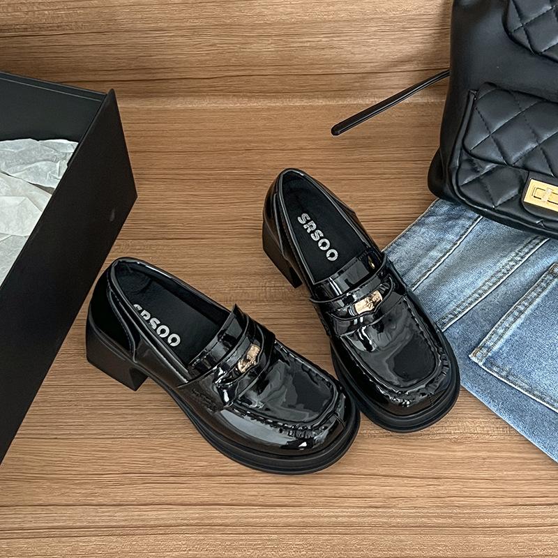 

Fan Jieya французские женские лоферы на высоком каблуке осень и зима для невысоких людей увеличивающие рост туфли Мэри Джейн на толстом каблуке британские маленькие кожаные туфли 35