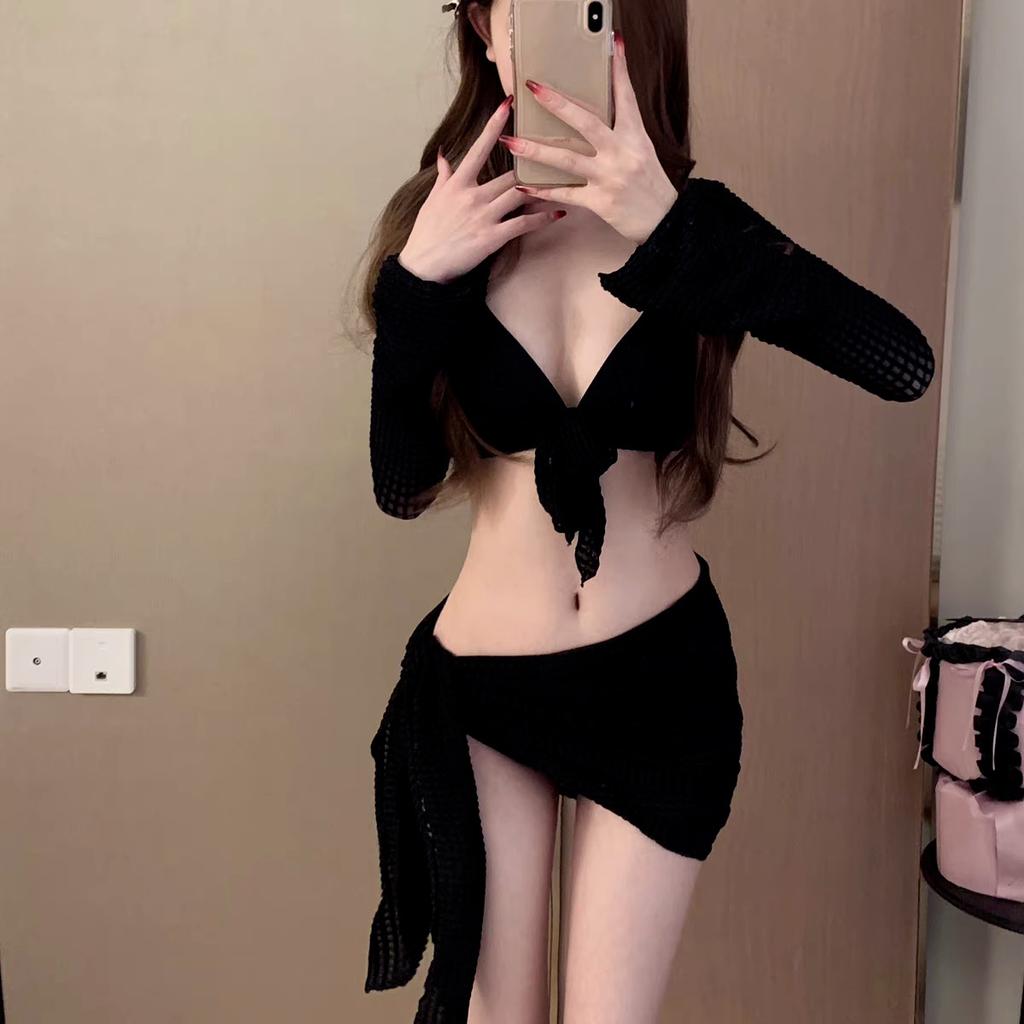 2025 Summer Bikini Set Women Sexy Swimsuit Chic Solid Four-Piece Halter Lace Up Female Swimwear New Fashion Korean Bathing Beachwear