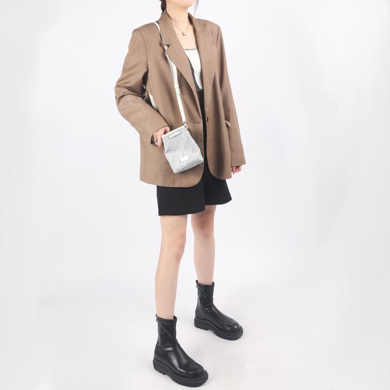 New MLB Monogram Collection Polyester Bucket Bag, Shoulder Bag, Crossbody Bag Mini Unisex Light Gray 3ABMS022N-43GRS