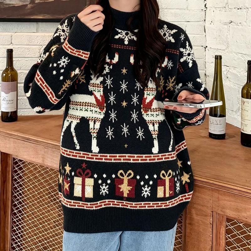 Womens Loose Knit Sweater With Christmas Deer Embroidery Long Sleeve Pullover Winter Holiday Season