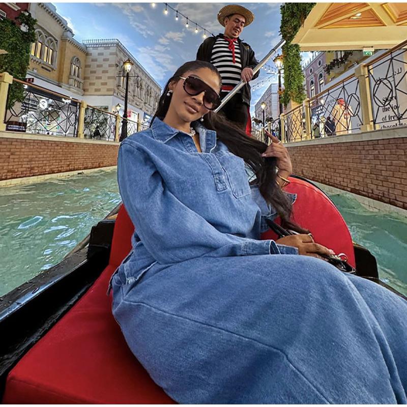 Damski Zestaw Dwuczęściowy Zestawy Spodni Jeansowych Klapa Długi Rękaw Płaszcz z Paskiem Spodnie z Szerokimi Nogawkami Dżinsy Damskie 2 Sztuki Jednolity Kolor Stroje 2025 Wiosna Jesień