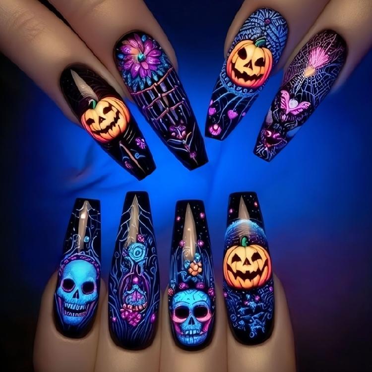 

24 Pieces Detachable Halloween Nail Set Pumpkin Skeleton Art ABS Nail for Theme Parties 1