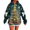 Ladies' Christmas Printed Bow Long Sleeved Loose Fitting Headband With Rope Hooded Sweatshirt Top