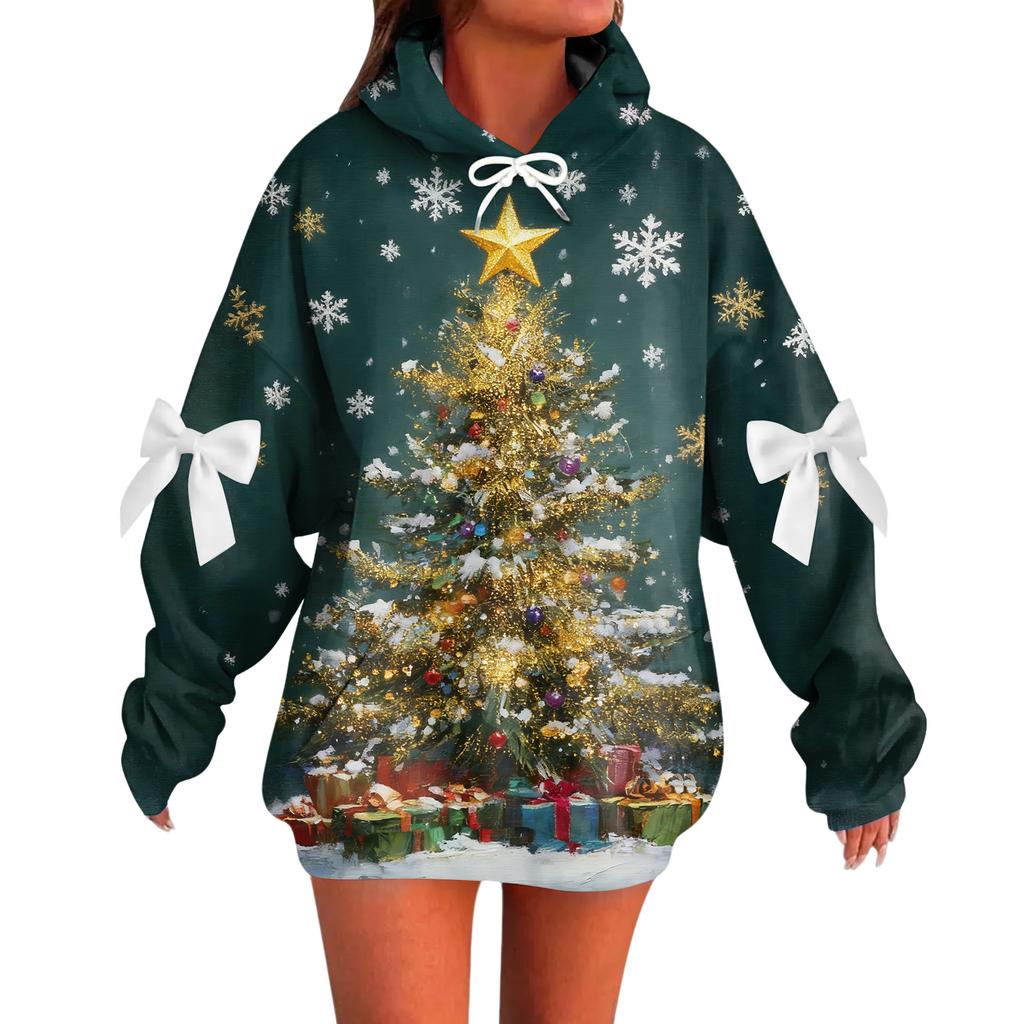 Ladies' Christmas Printed Bow Long Sleeved Loose Fitting Headband With Rope Hooded Sweatshirt Top