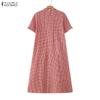 ZANZEA Women Casual Round Neck Loose Short Sleeve Plaid Print Dress