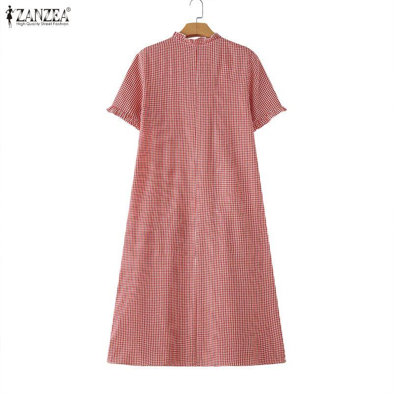 ZANZEA Women Casual Round Neck Loose Short Sleeve Plaid Print Dress