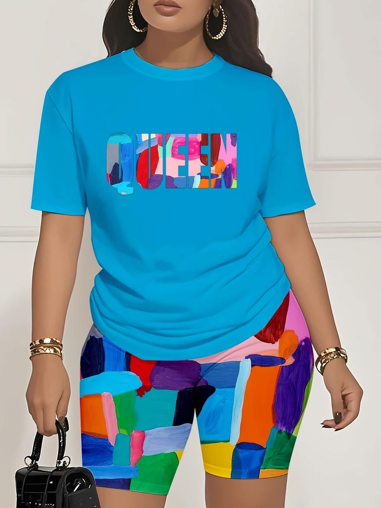 Color code European and American women's clothing painting printing T-shirt shorts set sports suit