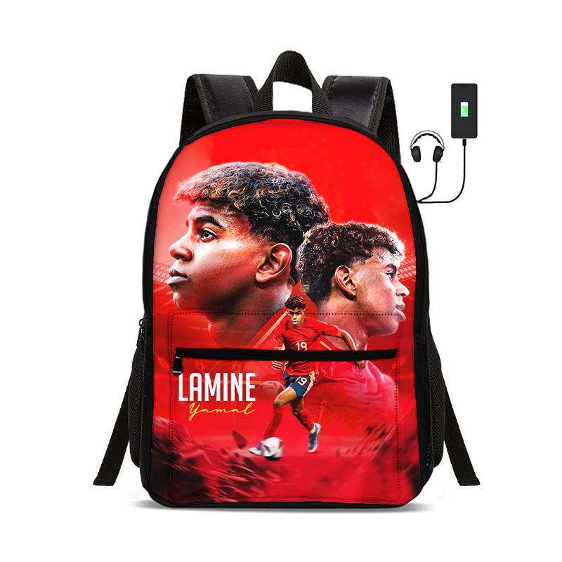 Child School Bags for Student Rucksack L-Lamin Yamal Sport Bookbag Kids Gift Football Star Backpack with USB Interface Bag