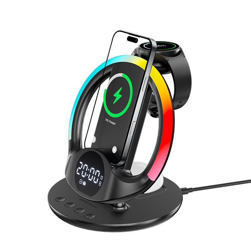 6-in-1 Wireless Charger with RGB Ambient Light & Alarm Clock Station for Iphone/Samsung Phone, iWatch/Galaxy Watch, AirPods/Buds