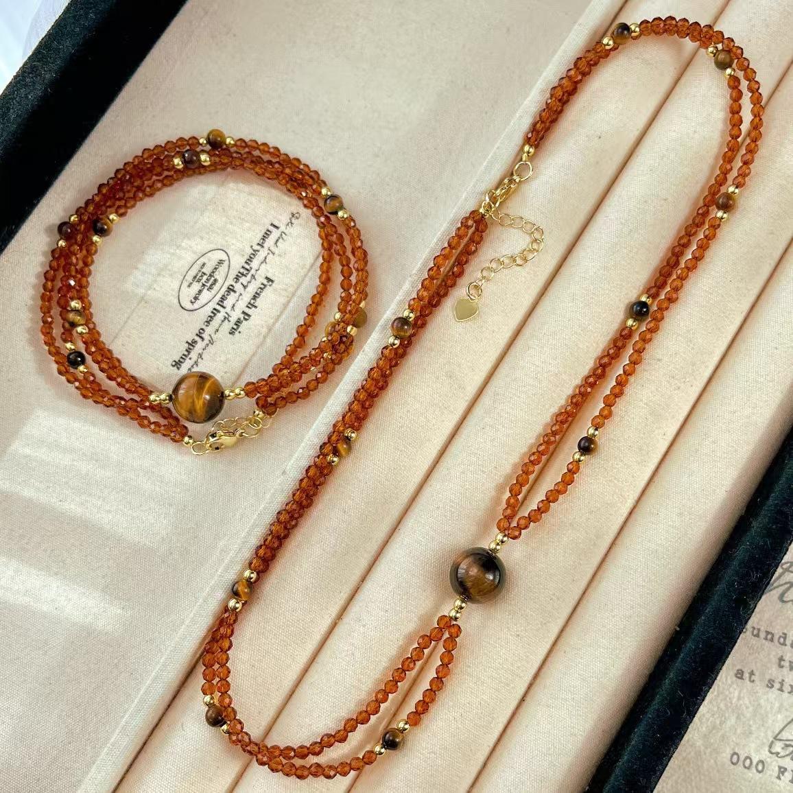 Autumn And Winter Maillard Vintage Natural Tiger S Eye Artificial Fanta Garnet Cross Clavicle Chain Necklace