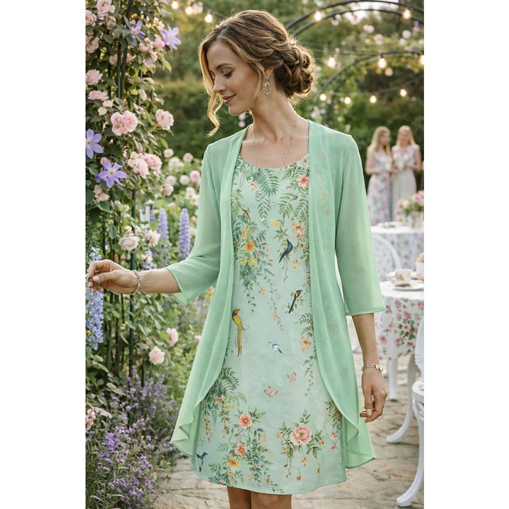 Women's O Neck Floral Print Midi Dress Two Piece Three Quarter Sleeve Chiffon Cardigan Loose Fit Casual Summer Outfit Set