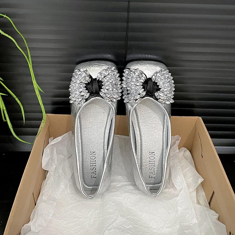 

Модные туфли со стразами серебристого цвета с французским квадратным носком на плоской подошве женские летние 2025 новые с юбкой ретро туфли Мэри Джейн 40 серебряный