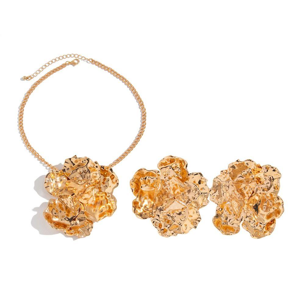 Exaggerated Flower Pendant Jewelry Set Metallic Feeling Wrinkled Necklace Set  Party