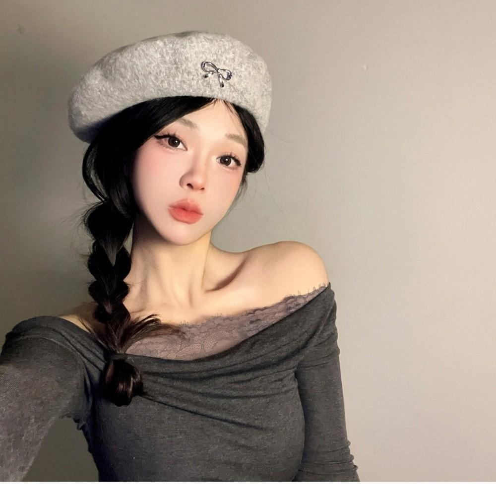 Retro Winter Wool Berets Hat Bowknot Felt Berets Fashion Plain Cap for Women