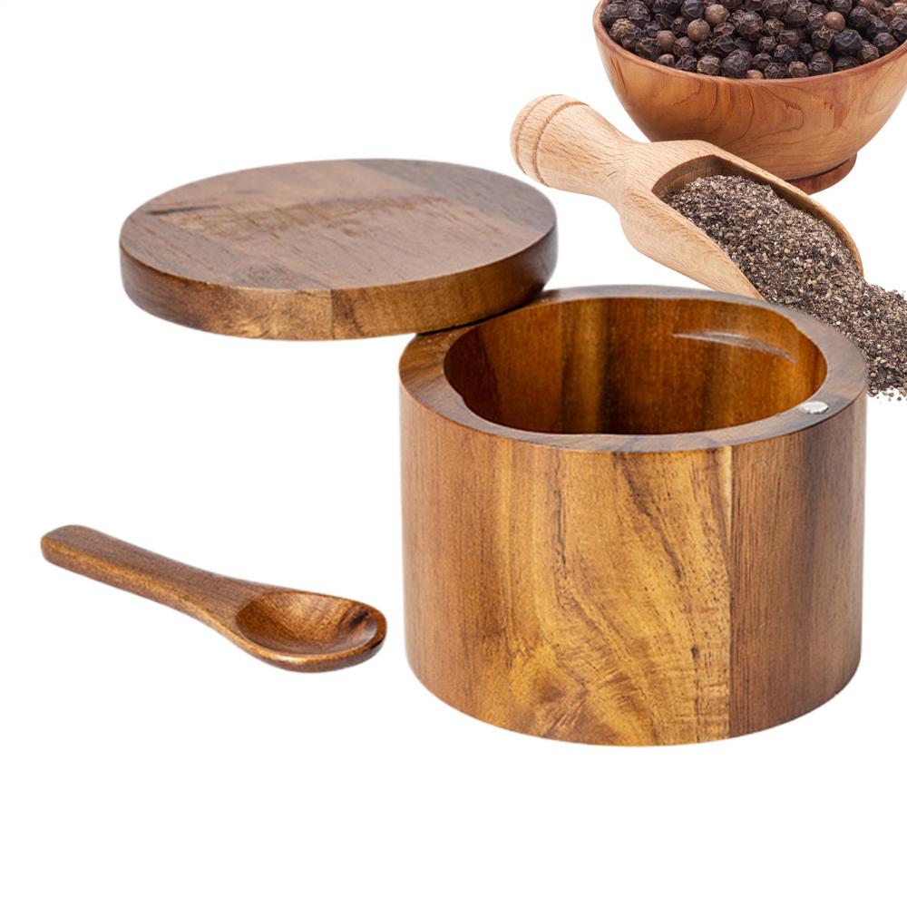 Salt Cellar Box Salt And Pepper Cellar Built-In Spoon Pot For Sugar Kitchen Wood Jar Household Salt Cellar For Home Cafe Hotel