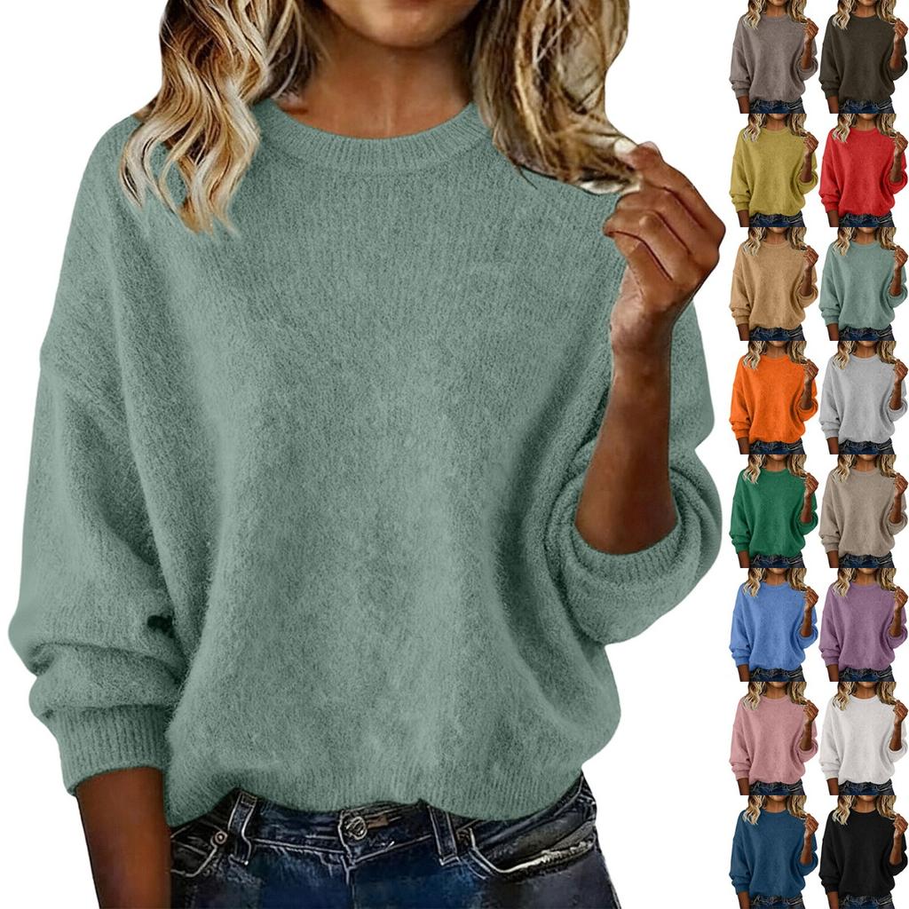 Women's Loose Retro Fashion Soft Solid Color Small Round Neck Short Sweater for Women
