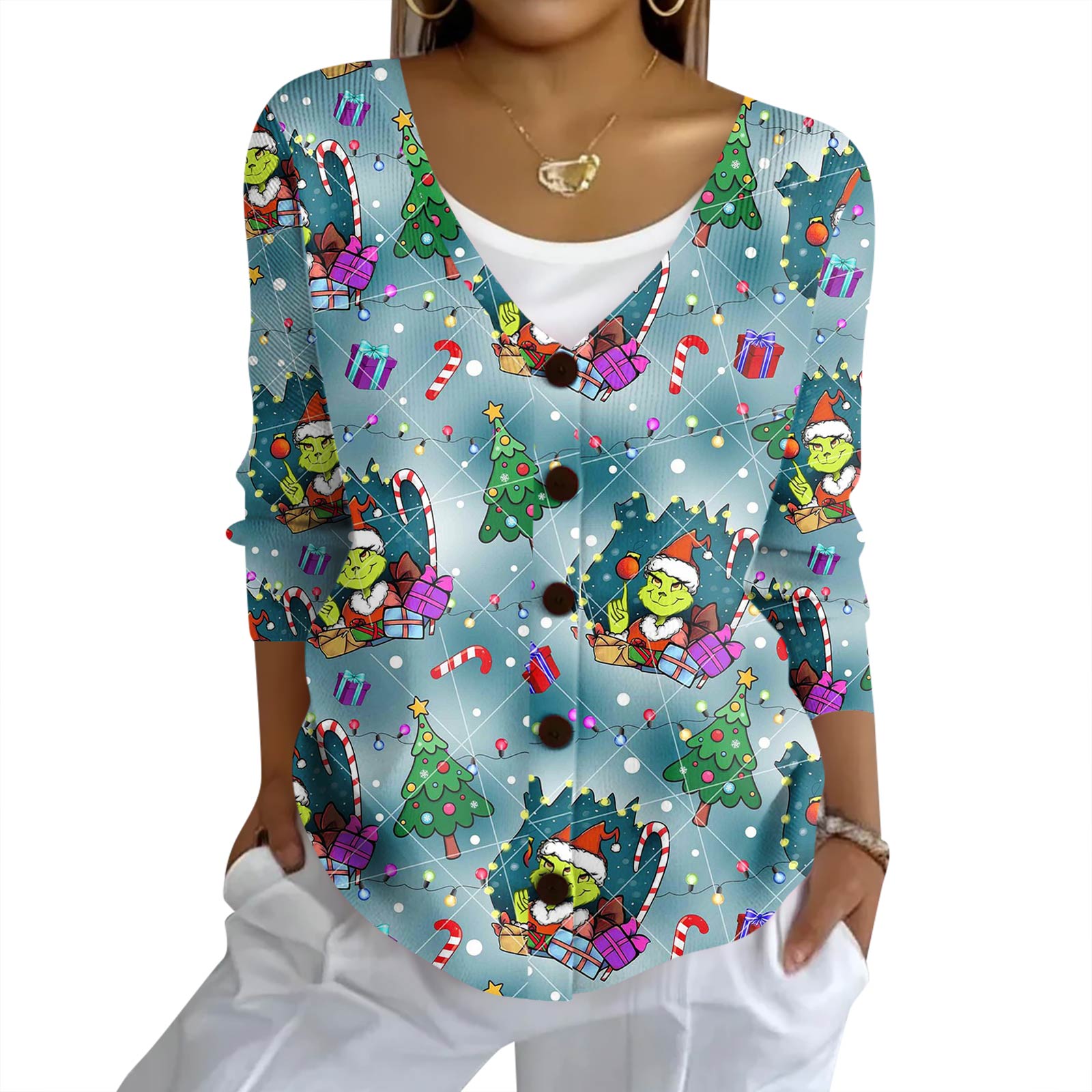 

Женский модный повседневный вязаный свитер на пуговицах, кардиган-жакет с рождественским принтом XXL синий