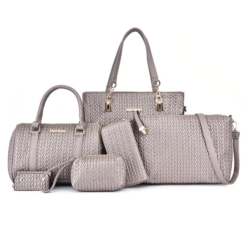 New Mother and Child Women's Bags Solid Color PU Six-piece Set Woven Large-capacity Simple Portable Shoulder Bag Crossbody Fashion