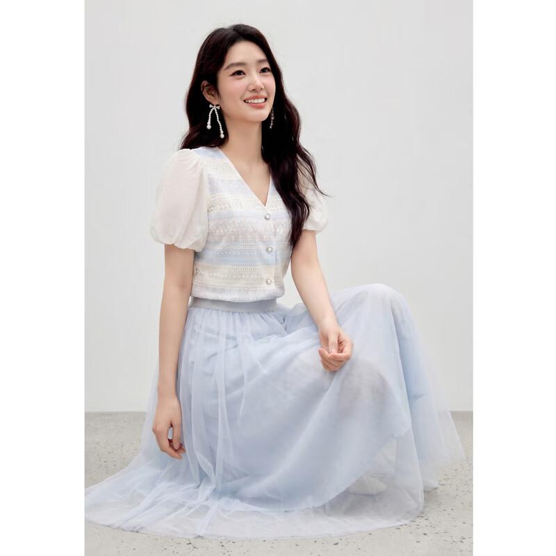 V-neck Lace Puff Sleeve Two-Piece Set
