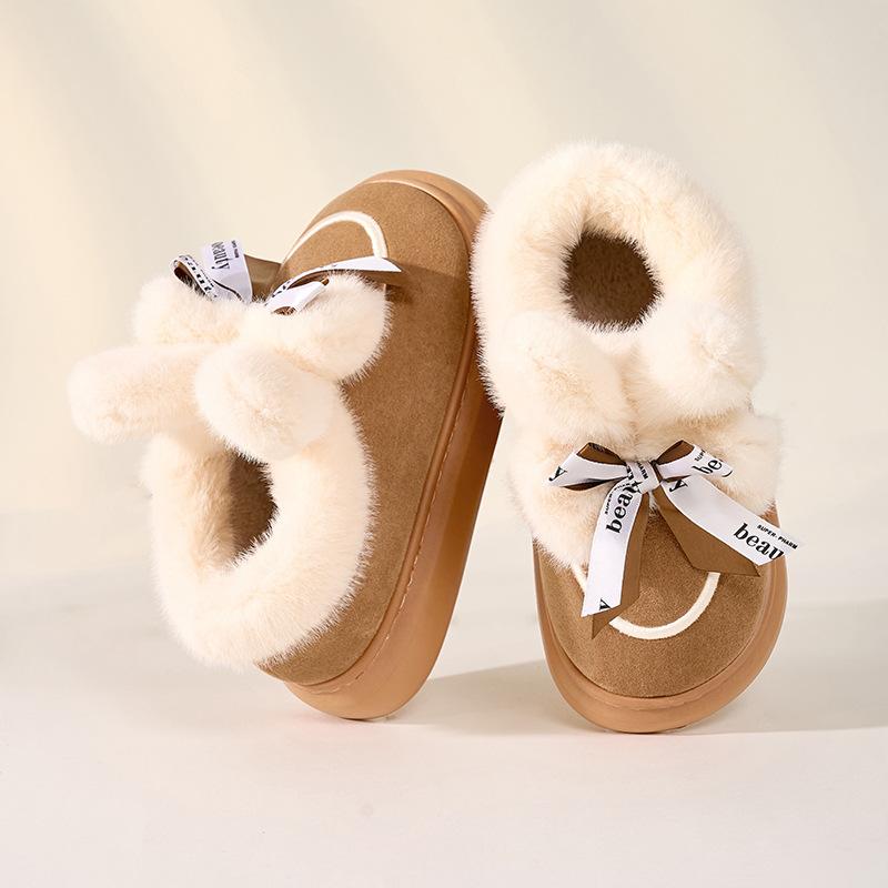 2025 new winter bag heel cotton slippers women's bow leather fleece confinement shoes thickened indoor home plush cotton shoes