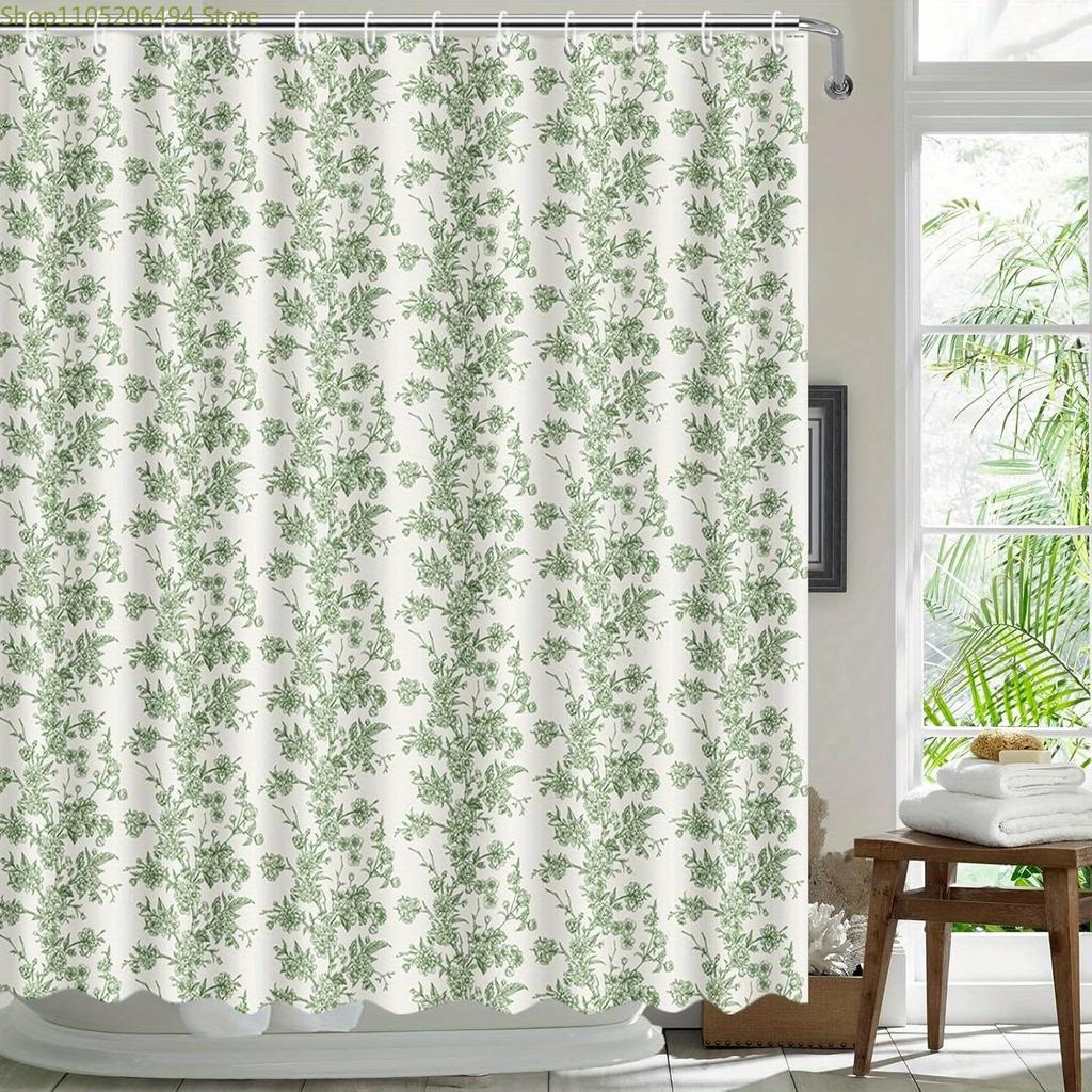 1pc Green Vintage Floral Polyester Shower Curtain - Botanical Farmhouse Bathroom Decor with 12 Hooks, Fabric, Line Dry, All-Se