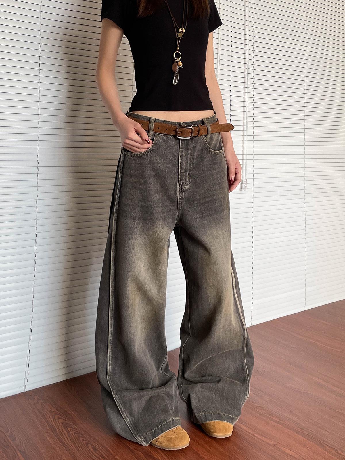

Unisex American Retro Washed Distressed Jeans - Spring/Autumn, Loose Straight-Leg, Three-Dimensional Wide-Leg Floor-Length Style Extra Large черный серый