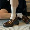 High-heeled small leather shoes thick-heeled Korean version shoes retro one-pedal loafu square head British style metal buckle jk