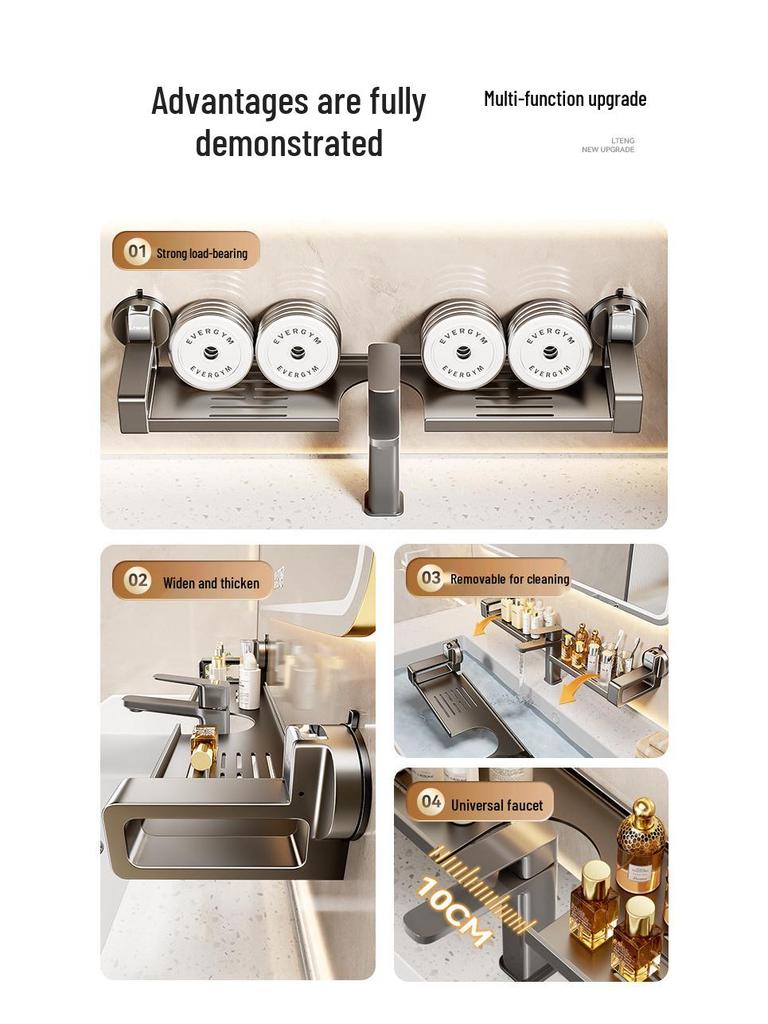 Wall-Mounted Bathroom Shelf with Mirror and Faucet Suction Cup Holder